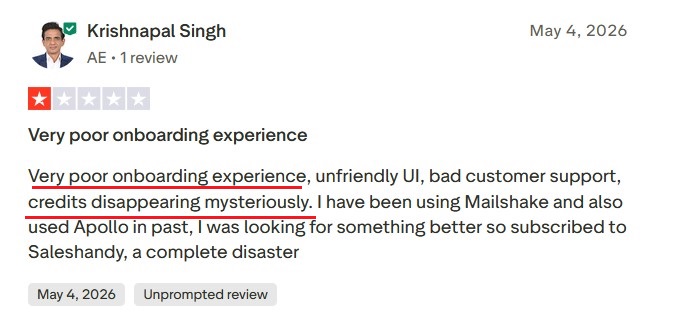 Saleshandy user review reporting a bad onboarding experience and mysteriously missing credits.