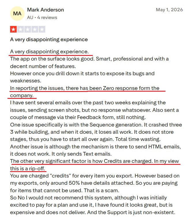 Saleshandy Trustpilot review describing bugs breaking live campaigns after platform updates.