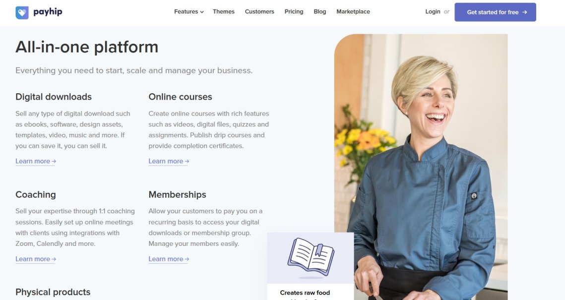 Payhip homepage with the headline 'Sell anything, online' and a Get started for free button.