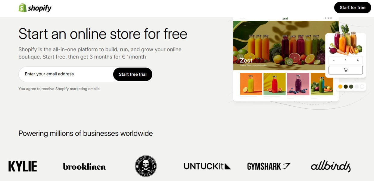Shopify homepage with the headline 'Make your idea real' and a Start free trial button.