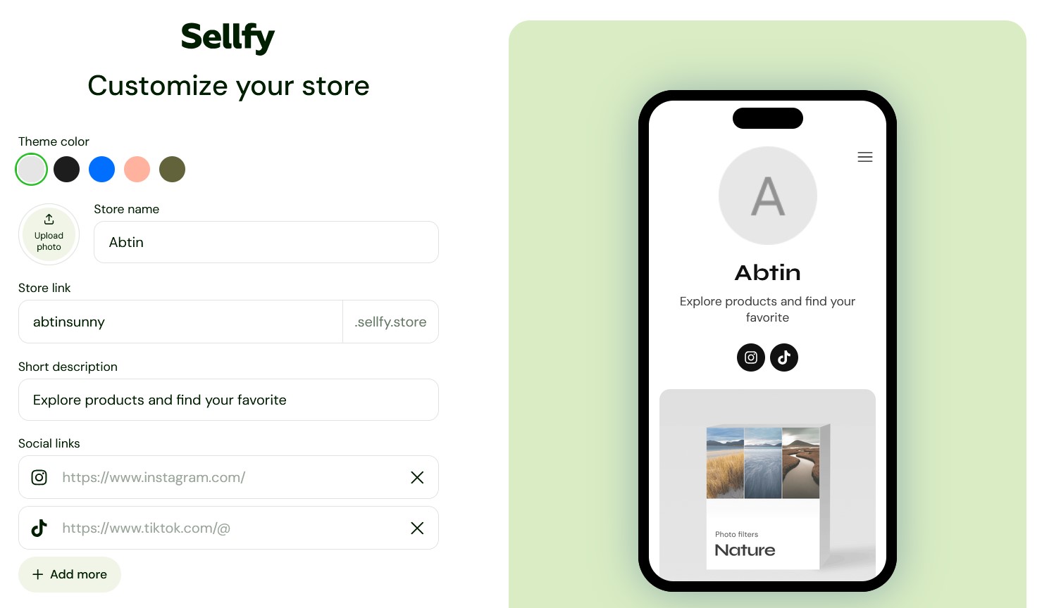 Sellfy storefront customizer with theme color picker, store name field, and social link inputs.