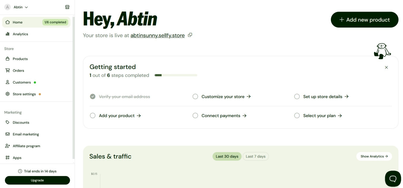 Sellfy storefront customizer with module-based layout controls.
