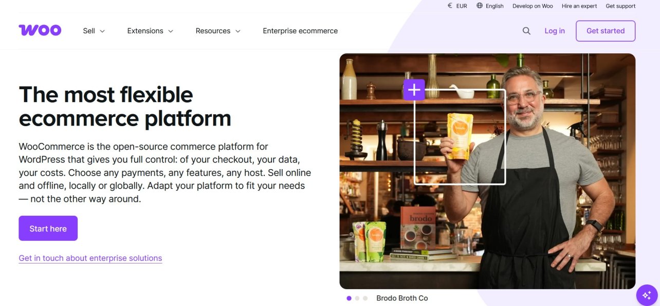 WooCommerce homepage with the headline 'The most customizable ecommerce platform.'