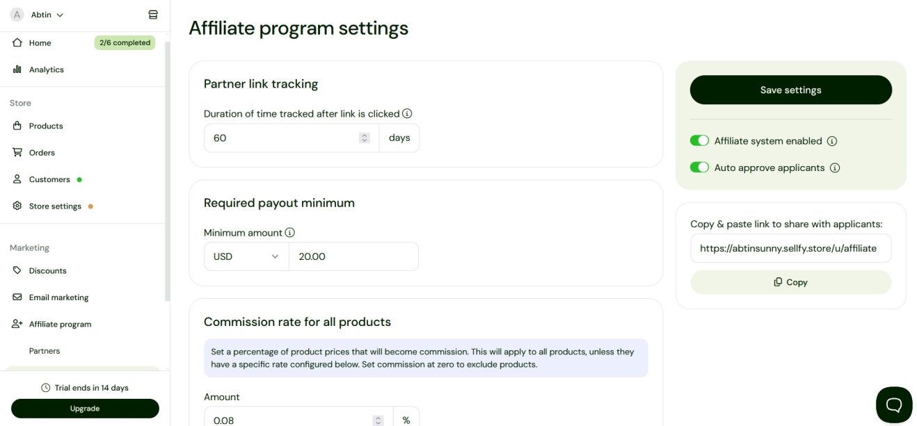 Sellfy affiliate program settings with tracking duration, payout minimum, and commission rate fields.