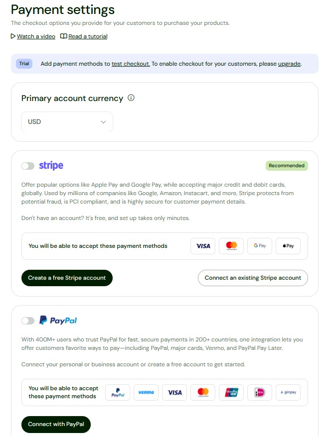 Sellfy payment settings panel showing Stripe and PayPal connection options.