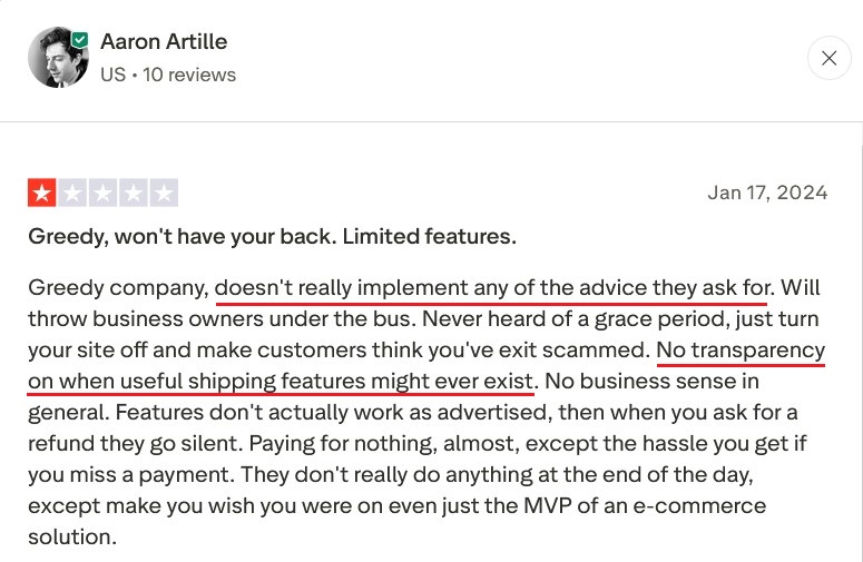 Trustpilot 1-star review by Aaron Artille from January 17, 2024.
