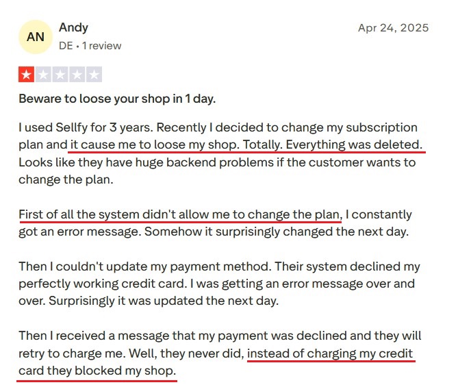 Trustpilot 1-star review by Andy from Germany dated April 24, 2025.