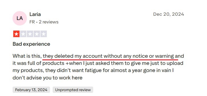 Trustpilot 1-star review by Laria from France dated December 20, 2024.