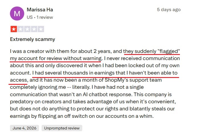 Trustpilot review about ShopMy closing accounts and freezing earnings.