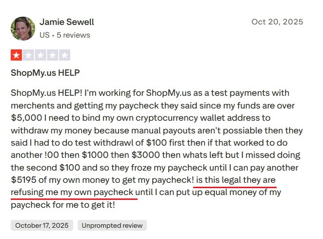 Trustpilot review about ShopMy's complex payment process.
