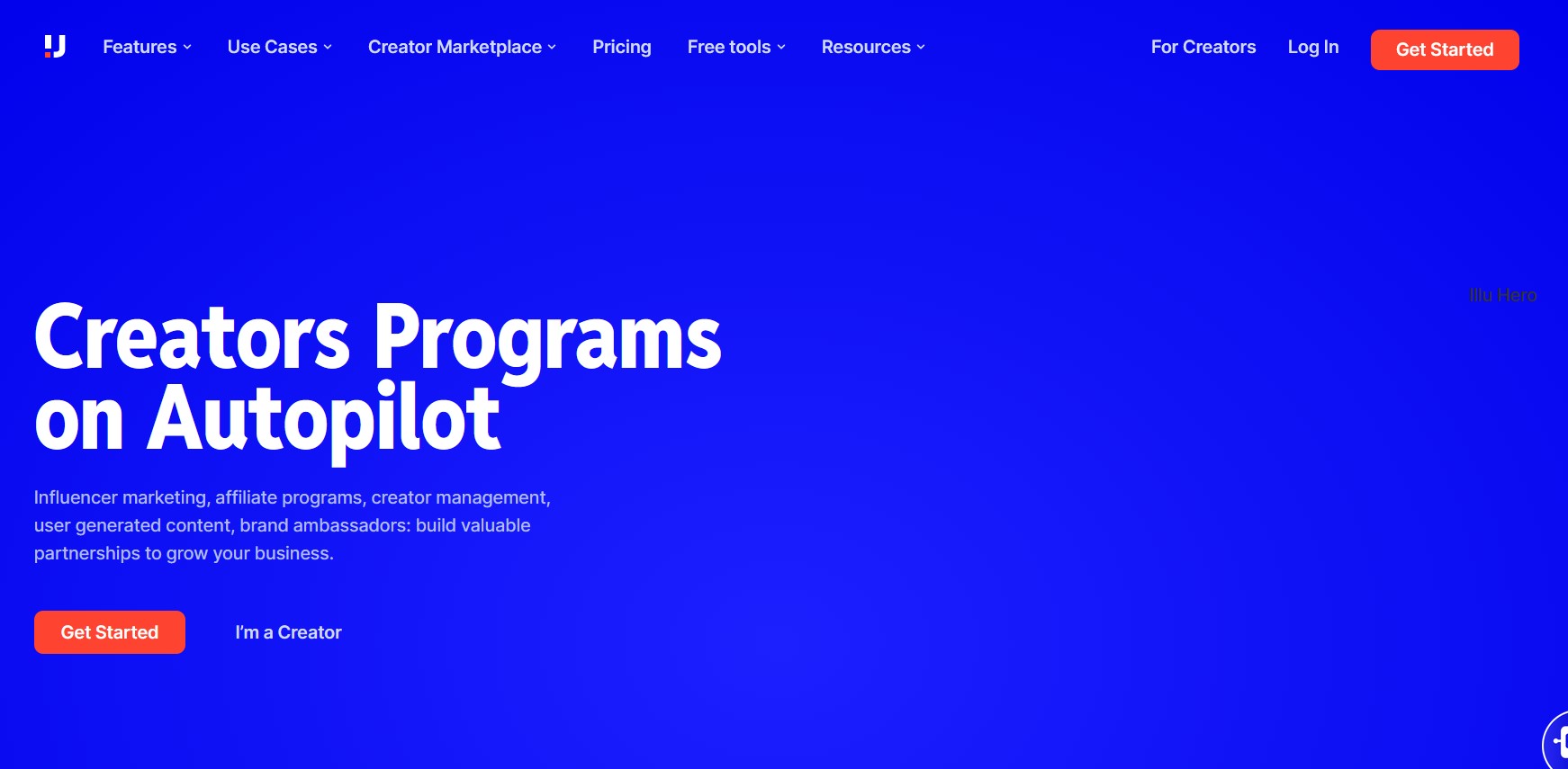 Upfluence (Aspire) homepage showing the influencer marketing platform.