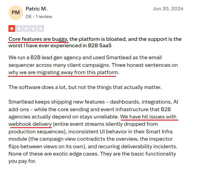 Trustpilot review reporting bugs and mid-run campaign failures on Smartlead.