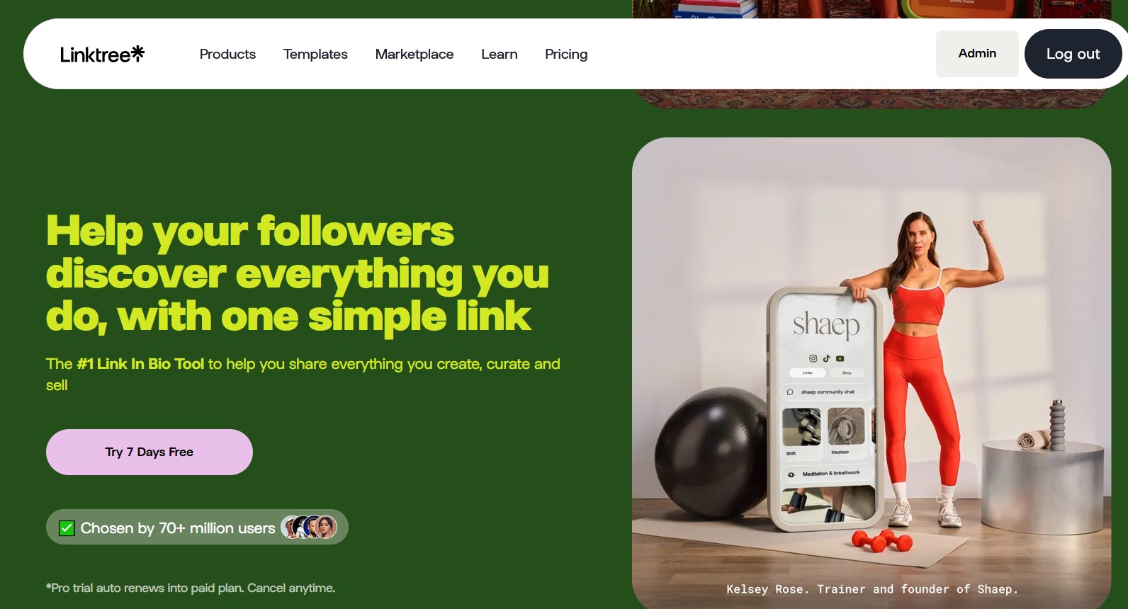 Linktree homepage showing the link-in-bio platform.