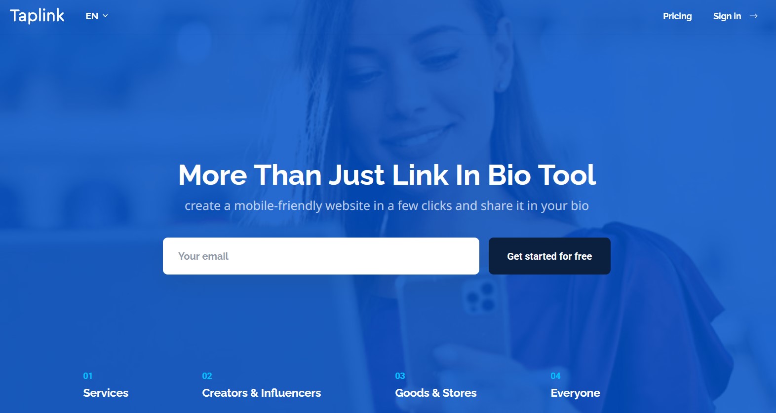 Taplink homepage showing the link-in-bio platform.