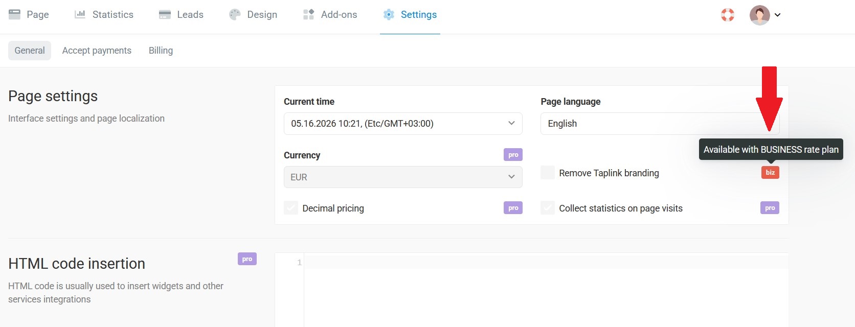 Taplink branding options showing custom domain and logo settings.