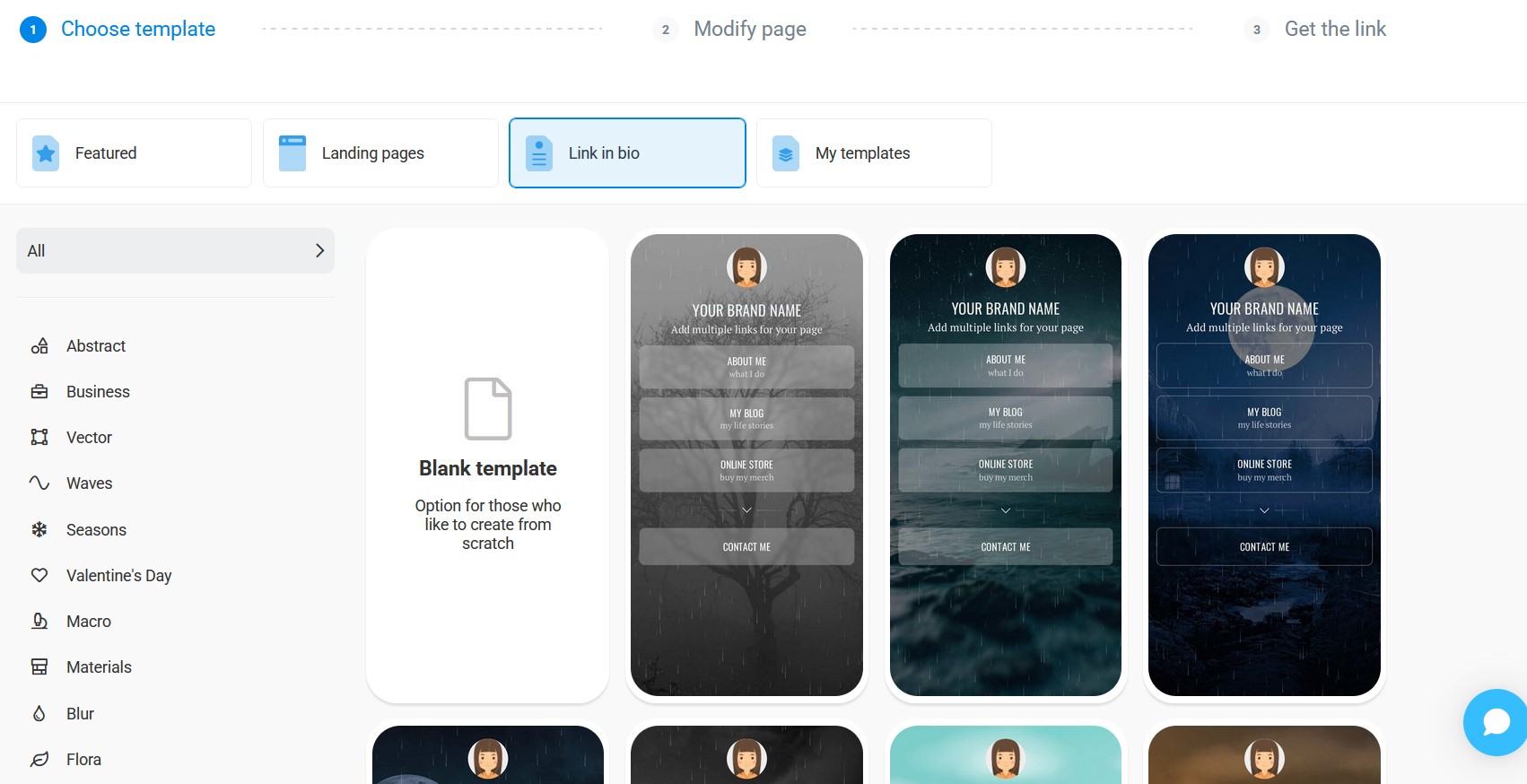 Taplink multi-link landing page builder with templates and design options.
