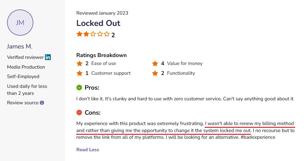 Review describing Taplink technical glitches and billing issues causing account loss.