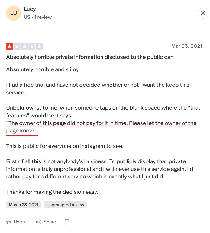 Review highlighting Taplink free plan restrictions and 'page not paid' message.
