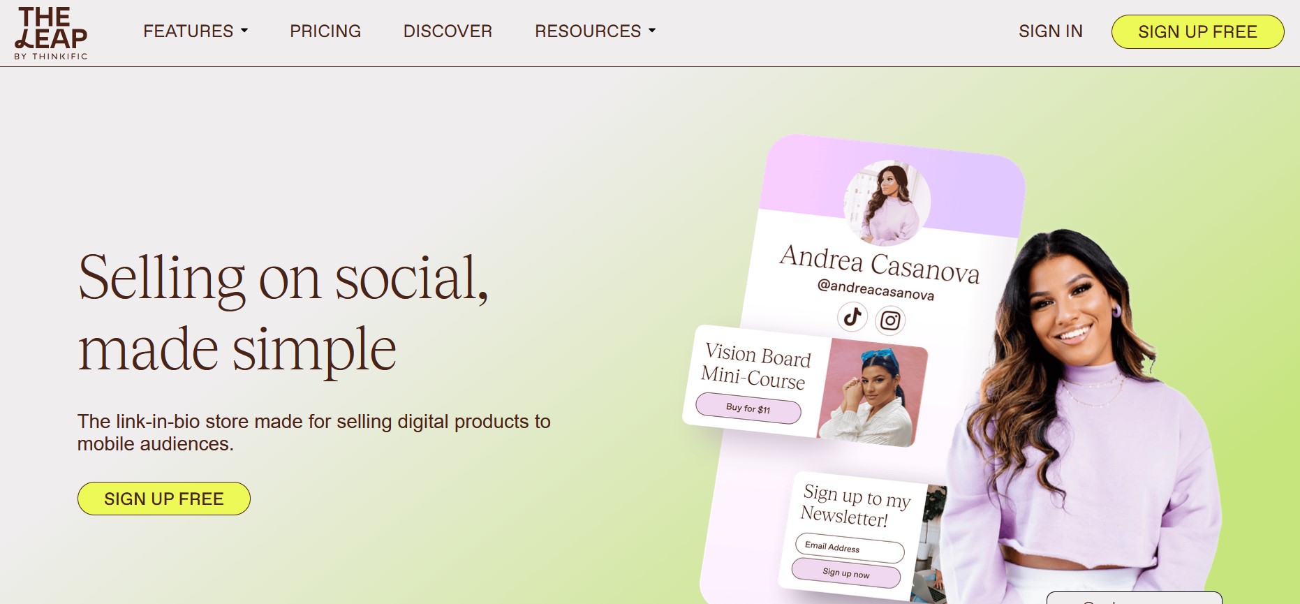 The Leap homepage showing the AI-powered link-in-bio platform.