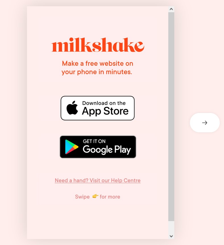 Milkshake homepage showing the mobile-first mini-website builder.