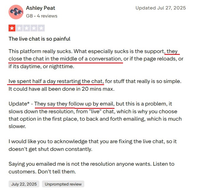Review about The Leap live chat problems and poor support response.