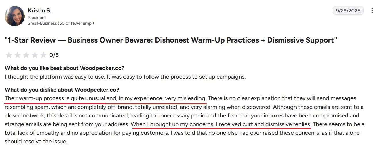 Review reporting Woodpecker warm-up filler messages appearing as spam in user inboxes.