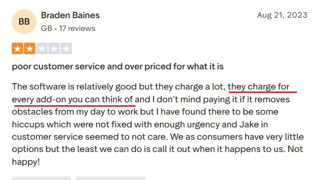 Review criticizing Woodpecker for charging extra for LinkedIn, API, CRM sync, and agency features.