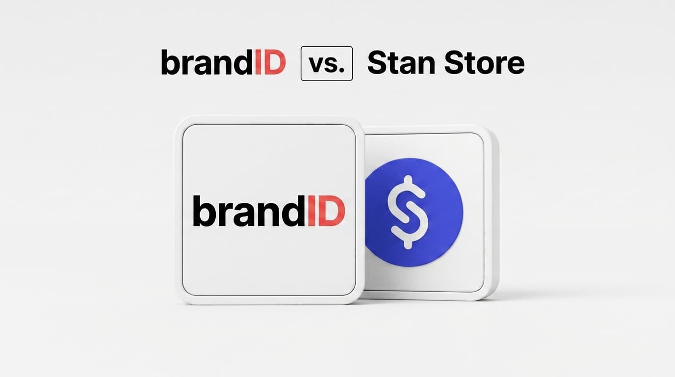 brandID vs Stan Store comparison, with 3D icons of brandID and Stan Store's dollar sign logo