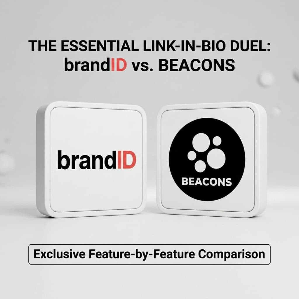 brandID vs Beacons.ai comparison, showing the brandID card and the Beacons card side by side under the headline The Essential Link-in-Bio Duel