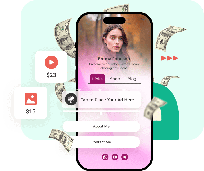 brandID Digital Billboards on a creator bio page, showing Tap to Place Your Ad Here slot and floating $23 and $15 rental price cards