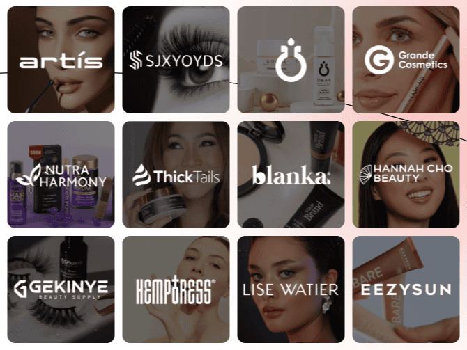 brandID Affiliate Marketplace showing real brands: Artis, Grande Cosmetics, ThickTails, Blanka, Hannah Cho Beauty, Lise Watier, and more