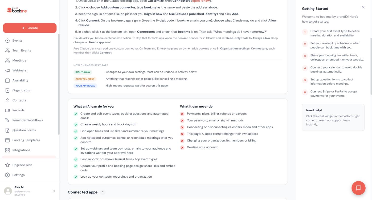 The AI Assistants page showing how changes stay safe (Right away, Asks you first, Your approval) and what an AI can do, including setting up webinars.