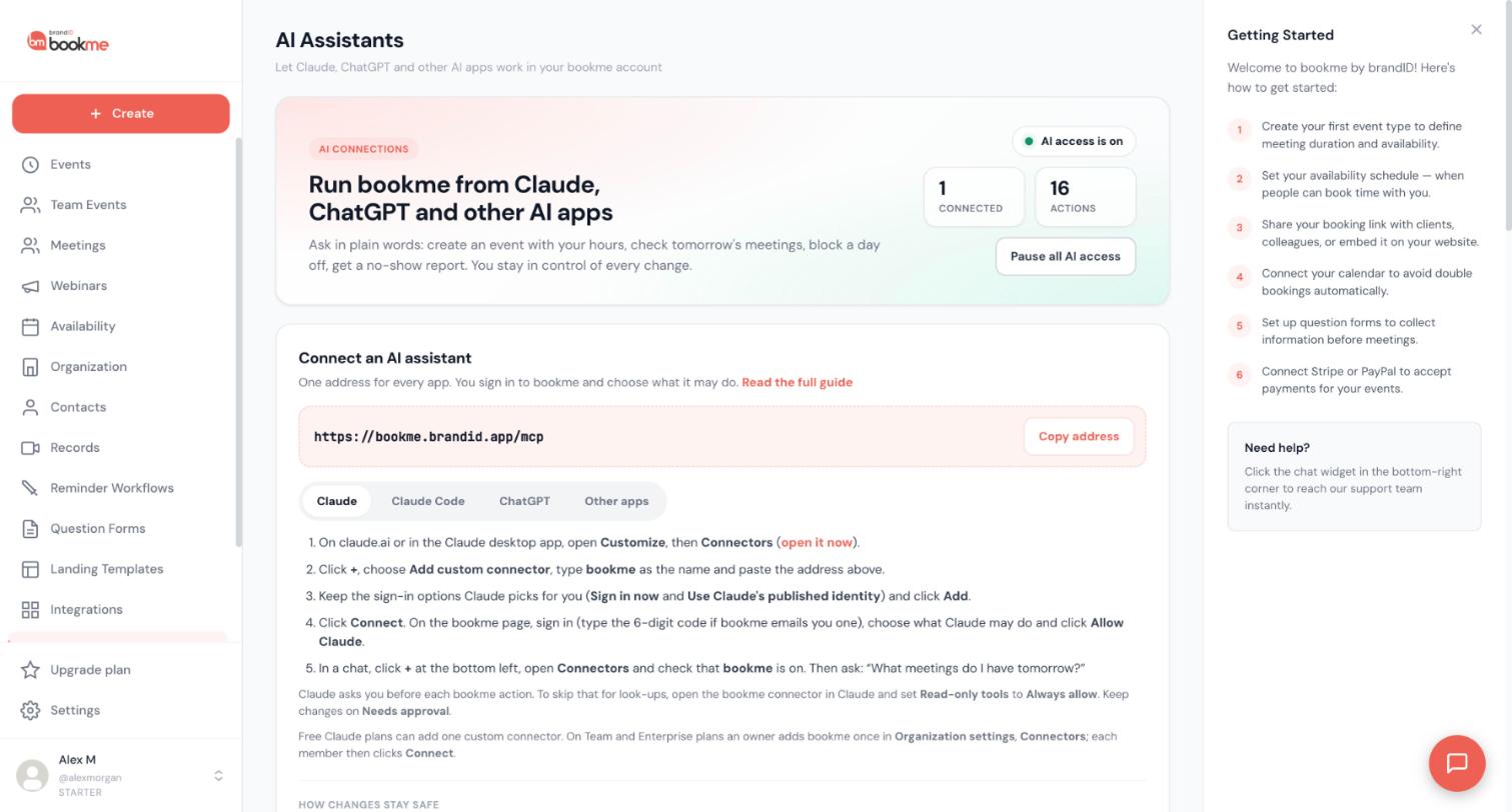 The AI Assistants page with the bookme address, the Copy address button and the tabs Claude, Claude Code, ChatGPT and Other apps.