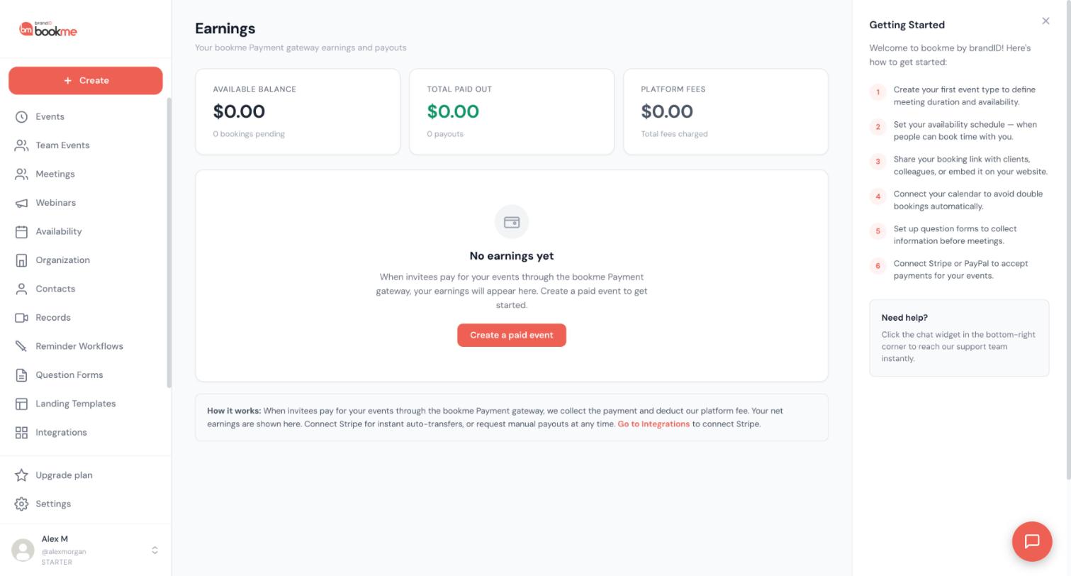The Earnings page: available balance, paid out and platform fees.