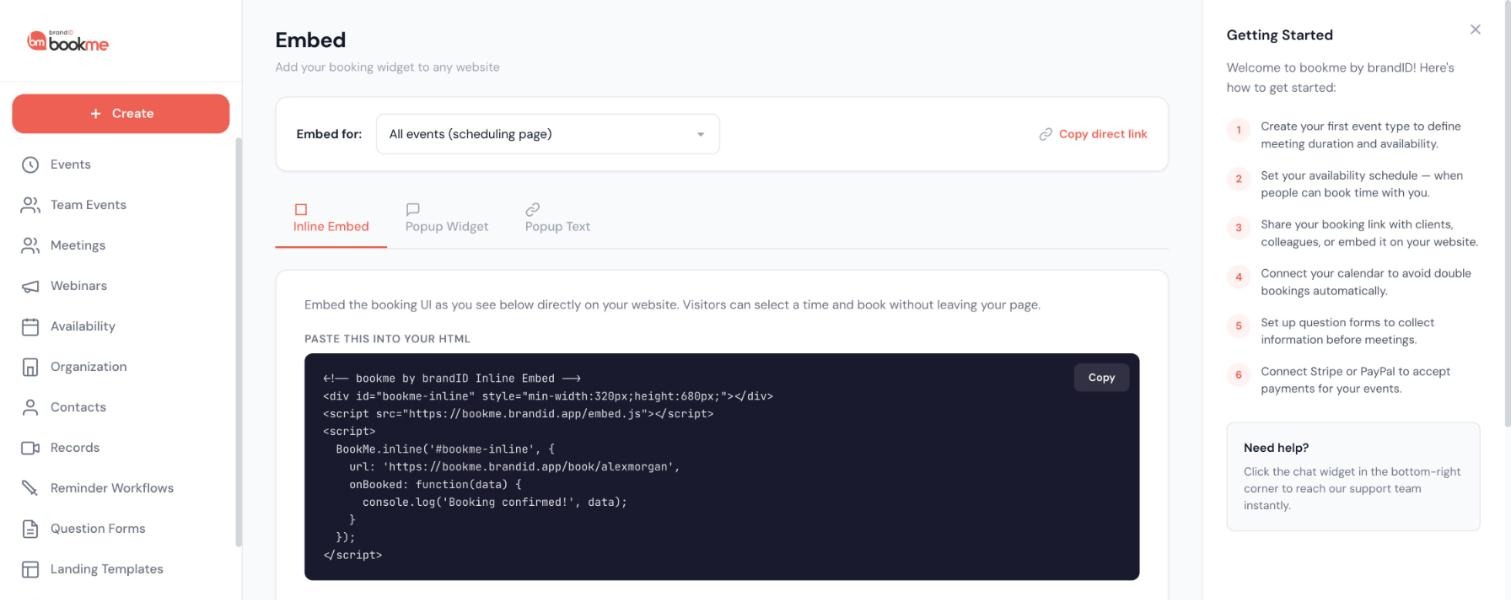 The Embed page: Inline Embed, Popup Widget and Popup Text.