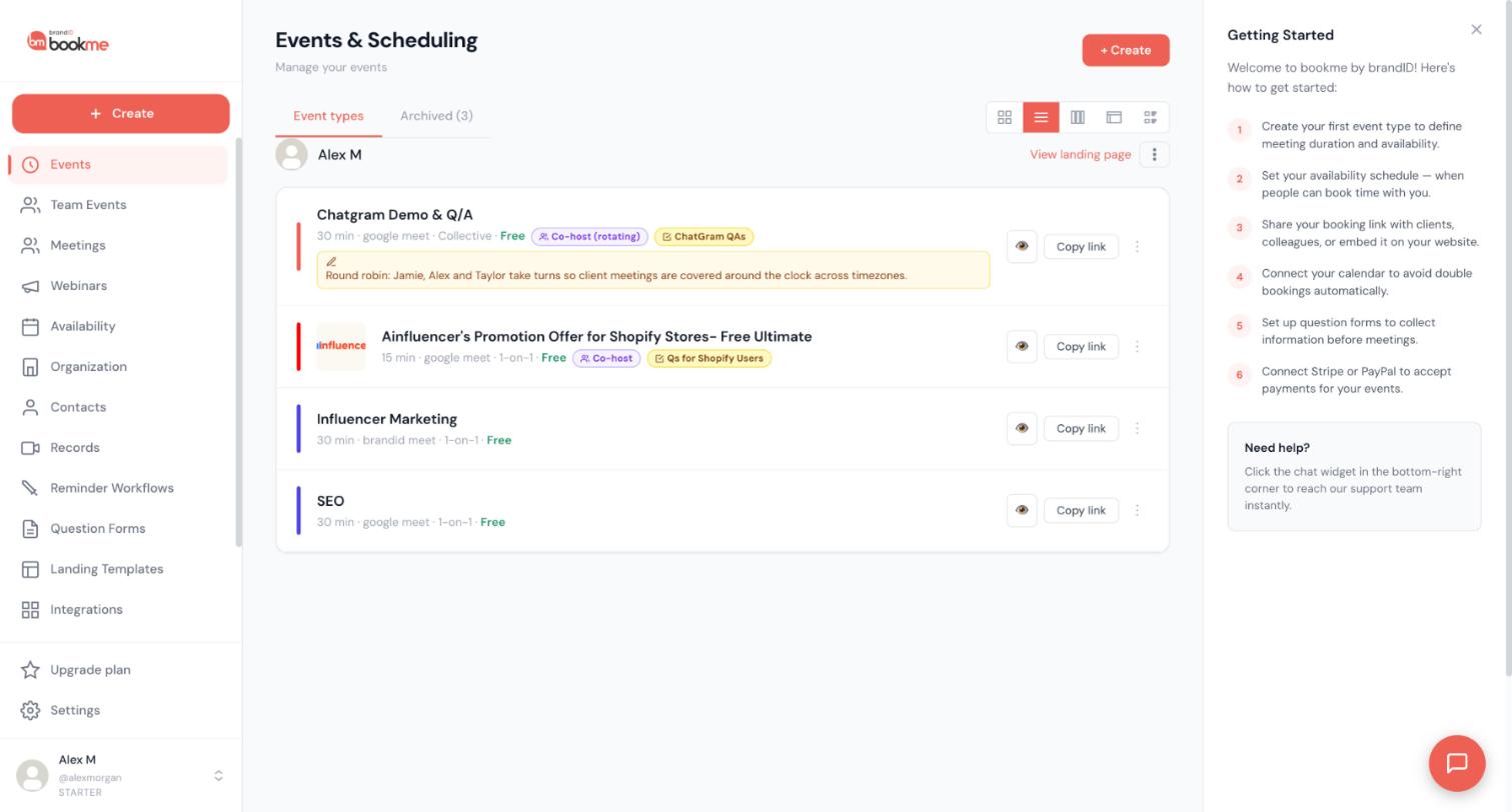 The Events page with a Copy link button and an eye preview icon on each event card, and View landing page in the header.