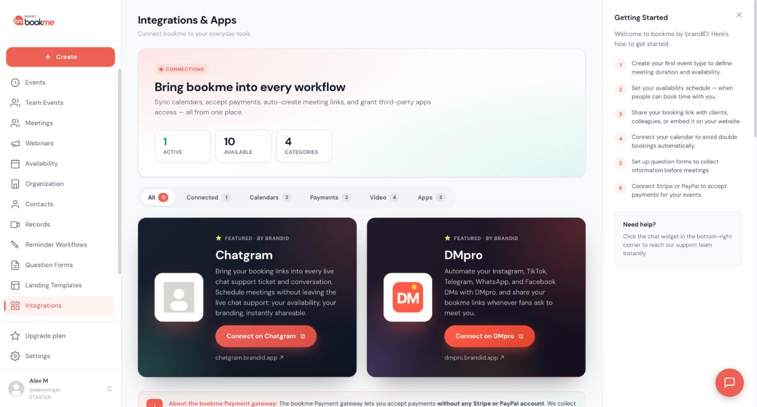 Integrations and Apps: filter by Calendars, Payments, Video and Apps.