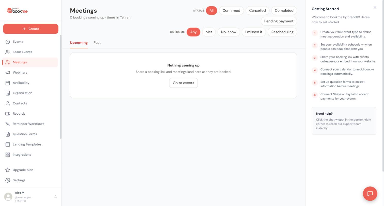 The Outcome filters on the Meetings page: Any, Met, No-show, I missed it and Rescheduling.