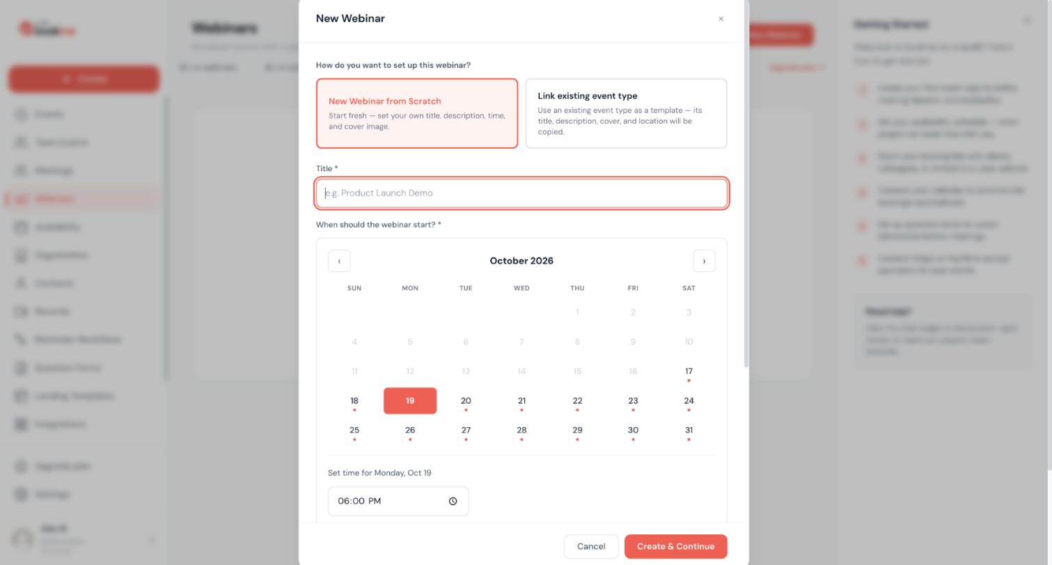 The New Webinar dialog with the two setup options, the Title field, the date picker, the time field and Create & Continue.