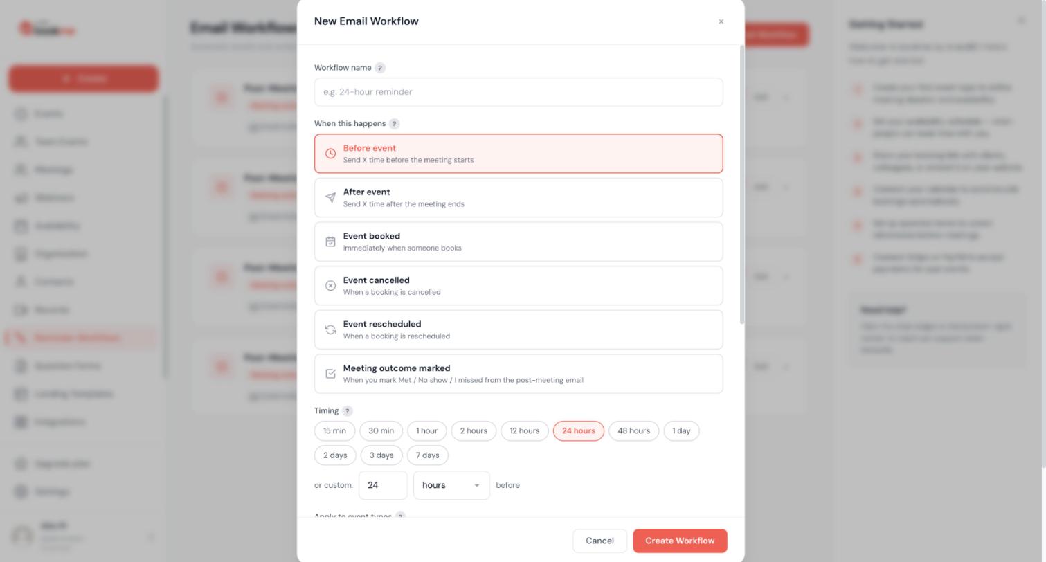 The New Email Workflow window showing the six triggers under When this happens and the timing chips from 15 min to 7 days.