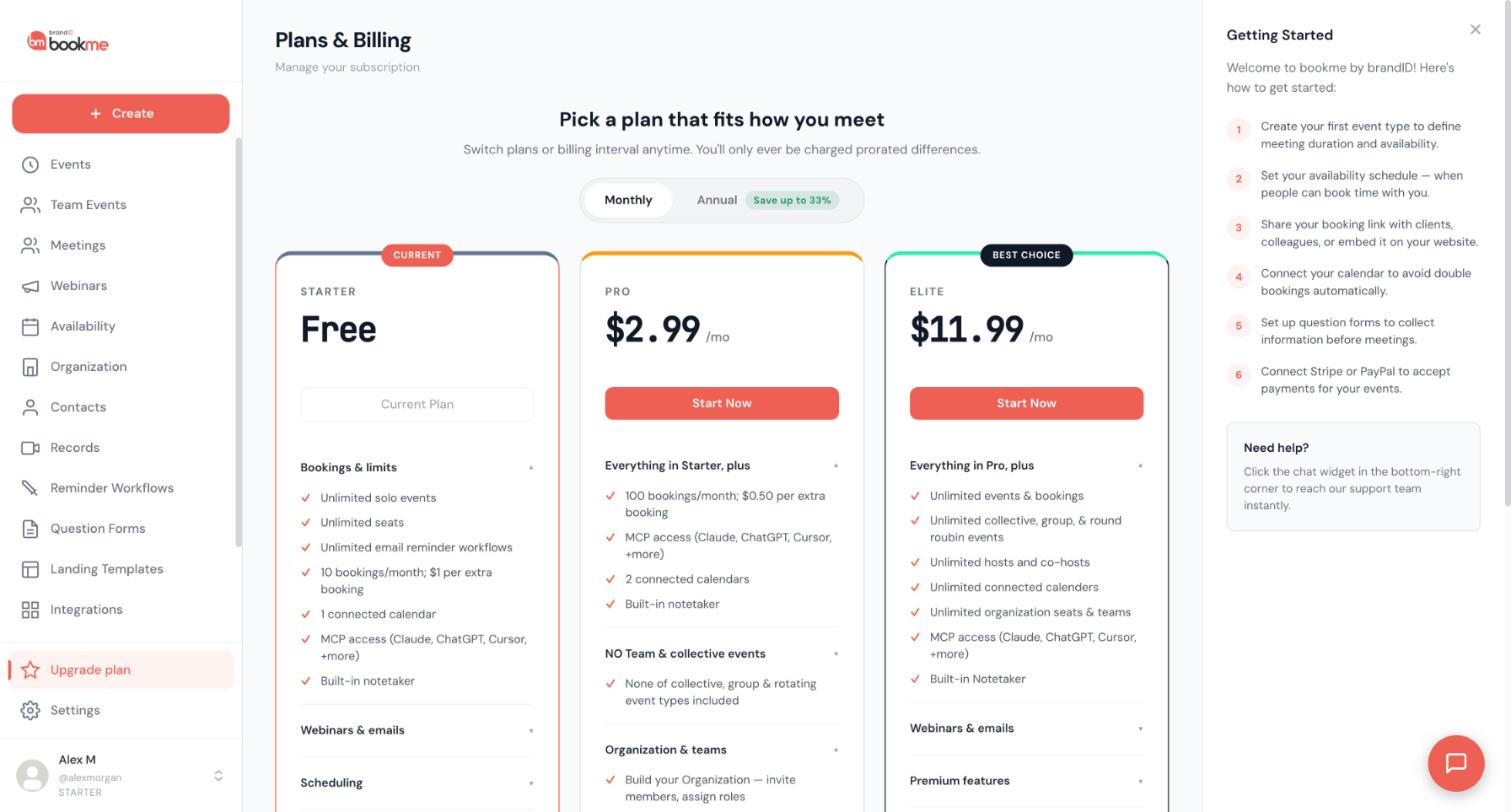 The Plans &amp; Billing page; the Organization &amp; teams section of the Pro card begins at the bottom of the screenshot.