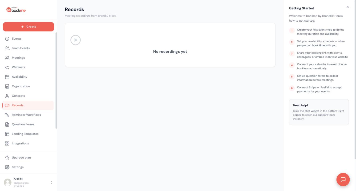 The Records page, which lists meeting recordings from brandID Meet, shown here with no recordings yet.