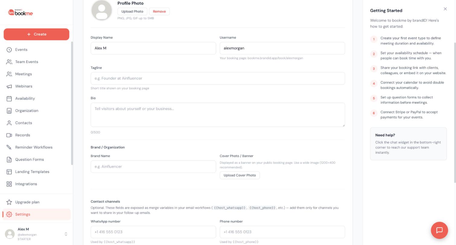 The Settings Profile tab with Profile Photo, Display Name, Username, Tagline, Bio, Brand Name and Cover Photo fields.