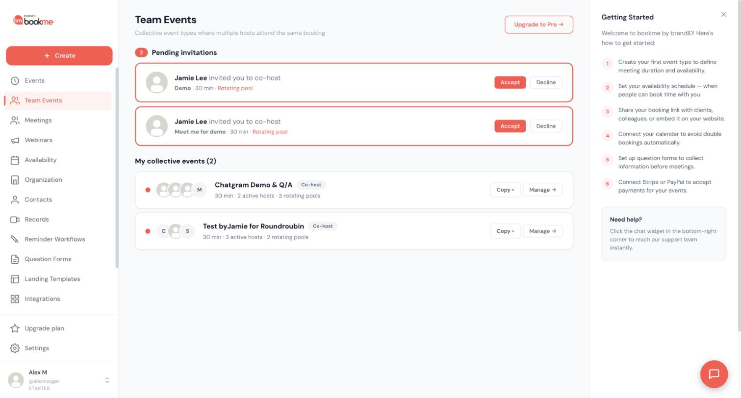 The Team Events page with Pending invitations and a My collective events list.