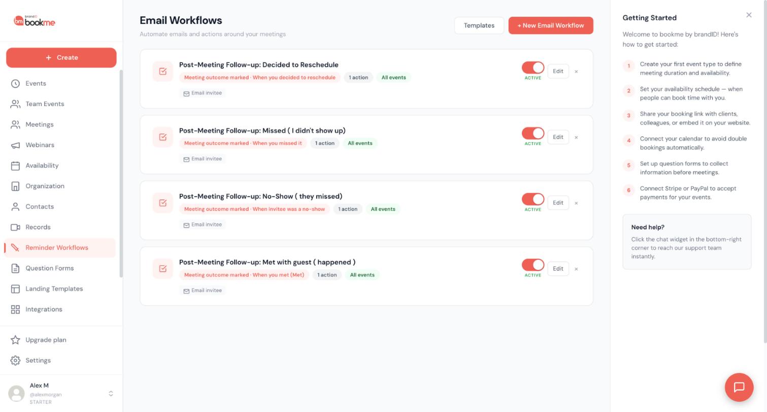 The Email Workflows page with the Templates and + New Email Workflow buttons and four existing Post-Meeting Follow-up workflows.