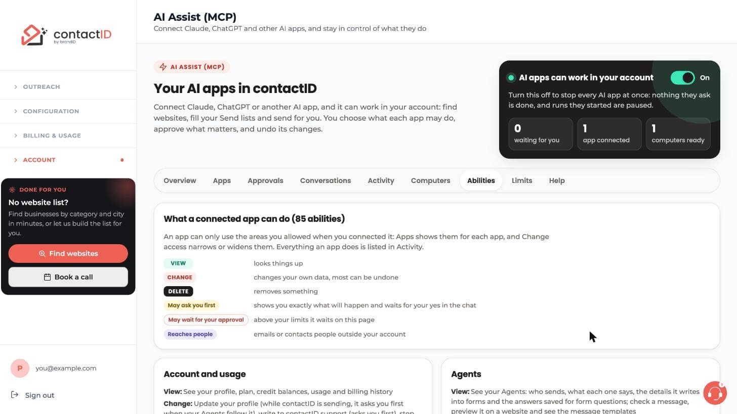 The Abilities tab listing what a connected app can do, with its label legend