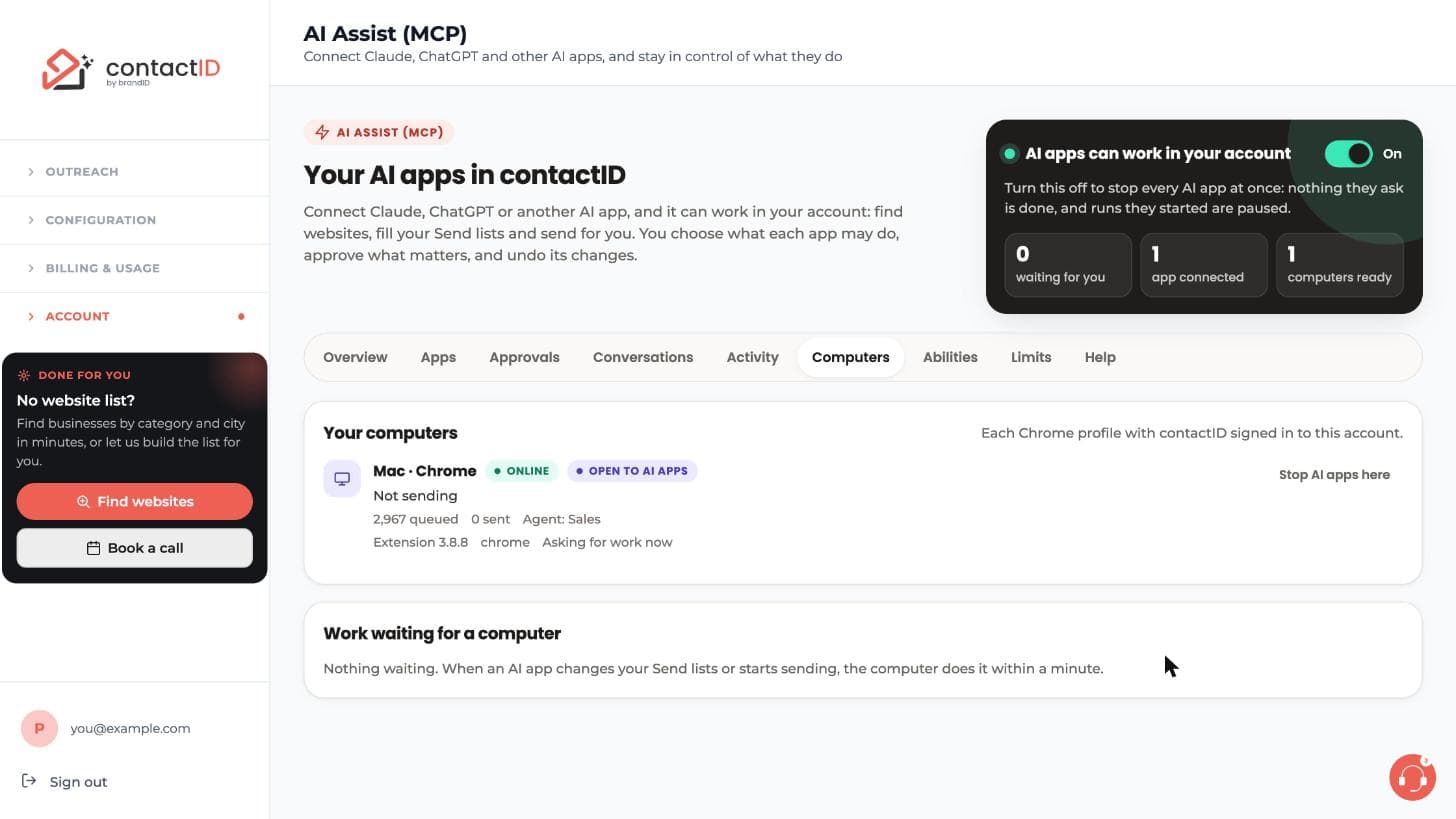 The Computers tab listing a computer that is online and open to AI apps, with Stop AI apps here