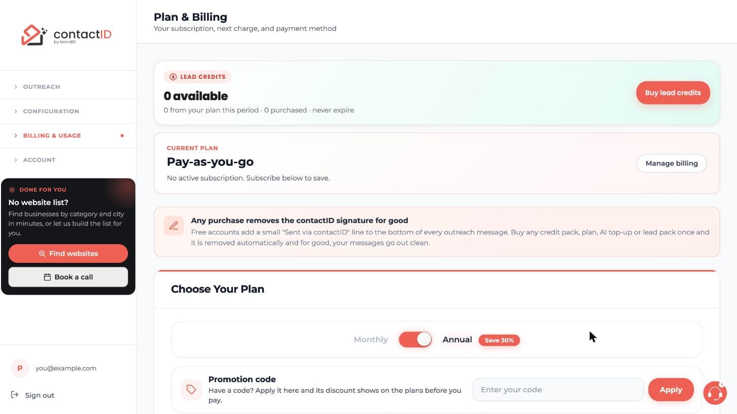 The top of Plan & Billing with lead credits, the current plan and Manage billing