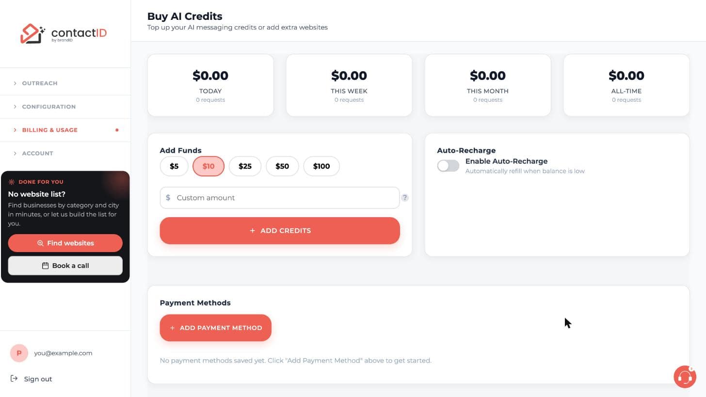 The Buy AI Credits page with the Auto-Recharge switch, the Add Funds box and Payment Methods
