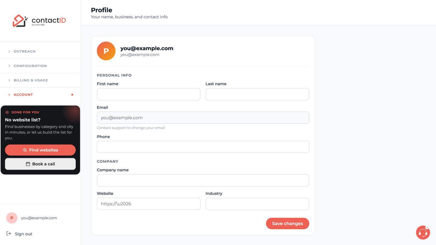 The Profile page with Personal info and Company fields and the Save changes button